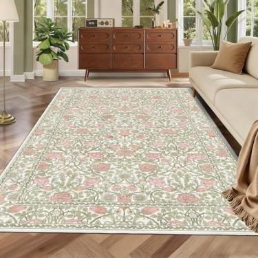 Imagem de GarveeHome Tapetes de área 12,5 x 17,8 cm, rosa e verde, lavável para sala de estar, boho floral, pilha baixa, antiderrapante, resistente a manchas, tapete vintage para fazenda, quarto, cozinha