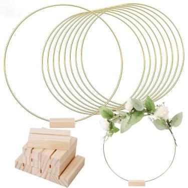 Imagem de Conjunto de argolas florais de metal dourado com 9 peças de suportes de madeira para decoração de mesa de casamento, grinaldas para pendurar na parede, apanhadores de sonhos e projetos de artesanato