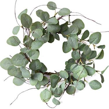Imagem de idyllic Guirlanda de folhas de eucalipto, guirlanda de metal e poliéster verde, 35 cm para decoração da porta da frente, pacote com 4
