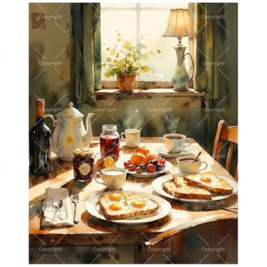 Imagem de Kit de pintura de cozinha country por números para adultos - Pintura de cena rústica de mesa de café da manhã DIY em tela, 20 x 30 cm, conjunto de tinta acrílica emoldurada, adequado para iniciantes