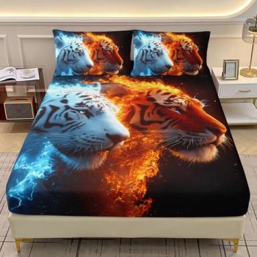 Imagem de AILONEN Jogo de lençol Queen, vermelho e azul, tigre de fogo, animal selvagem, com 2 fronhas, estampa 3D de tigre, preto para meninos e meninas, 3 peças