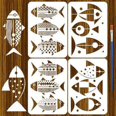 Imagem de FINGERINSPIRE 4 peças de estêncil de peixe 21 x 29,7 cm com um pincel geométrico abstrato pintura de peixe estêncil moderno tema oceano modelo de desenho reutilizável estênceis de PET para móveis de
