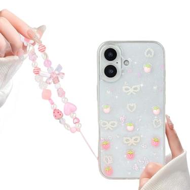Imagem de Fycyko Compatível com iPhone 17 3D Strawberry Pearl Bow Clear with Design Estético Mulheres Adolescentes Meninas Glitter Bonito Brilhante Bonito Girly Lindas Capas de Telemóvel Capa Protetora +