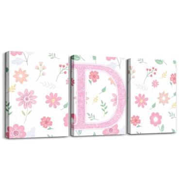 Imagem de Feelyou Arte de parede em tela de 3 peças de flores fofas para sala de estar quarto letras individuais D arte de parede para decoração de casa natureza plantas decoração de escritório arte rosa verde