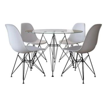Imagem de Mesa Jantar Eames De Ferro Preto Tampo Redondo Vidro 110cm 4 Cadeiras 