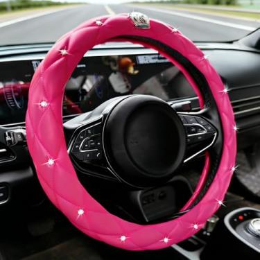 Imagem de Capa de volante feminina de strass brilhante com diamante de cristal universal 38 cm capa de volante de carro serve para SUVs, vans, sedans, carro (2-rosa com coroa)