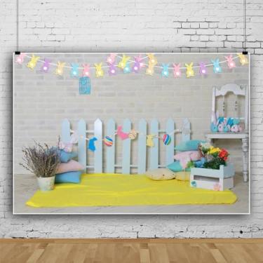 Imagem de XMJJKUF Pano de fundo de Páscoa, 3 x 2,4 m, coelhinho, ovos de Páscoa, vintage, tijolo branco, para fotografia, crianças, decoração de festa de Páscoa, adereços de cabine de fotos