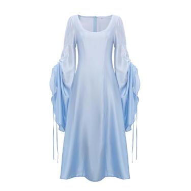 Imagem de Koalswm Vestido medieval renascentista gola V cordão manga sino vestido longo chemise fantasia feminina, Azul, X-Large