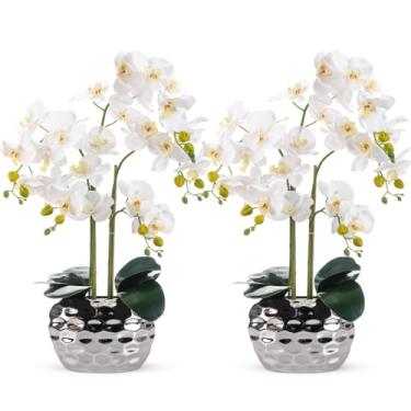 Imagem de Giegxin Pacote com 2 orquídeas flores artificiais 61 cm branco falso Phalaenopsis com vaso de cerâmica, planta de orquídea falsa de toque real para mesa de centro de mesa, escritório, sala de estar