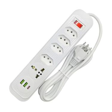 Imagem de Extensão de tomadas Filtro de Linha Régua com 5 Tomadas, 2 Portas USB e 1 Porta Tipo C, Branco