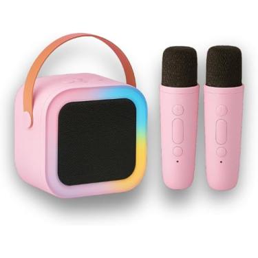 Imagem de Caixa de Som Bluetooth Karaokê Portátil com 2 Microfones Sem Fio, Luzes LED RGB, Bateria Recarregável e Alça para Transporte