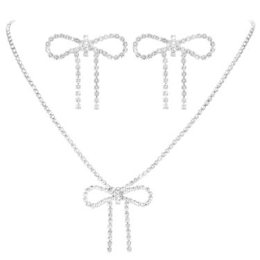 Imagem de Yolev Conjunto de joias de laço, brincos e colar de laço de strass de prata para mulheres, brincos de borla de cristal brilhante, conjunto de joias para mulheres, dama de honra, noiva, casamento