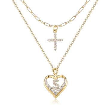 Imagem de YOVIEE Colar com letra inicial para mulheres, banhado a ouro 14 K, zircônia cúbica, coração, conjunto de colar com pingente de cruz, colar, moderno, fofo, gargantilha, colar, joia presente para ela