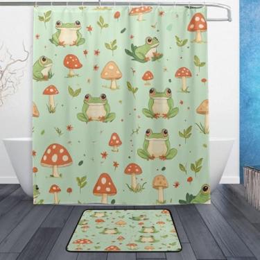Imagem de xigua Conjunto de tapetes de cortina de banho sapo desenho animado 2 peças, conjunto temático de banheiro (152 x 182 cm) com cortina de chuveiro e tapete antiderrapante -12 ganchos52