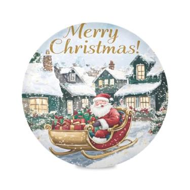 Imagem de STAYTOP Papai Noel sentado em um trenó redondo jogo americano 6 peças, tapetes de mesa antiderrapantes fáceis de limpar para decoração de mesa de festa