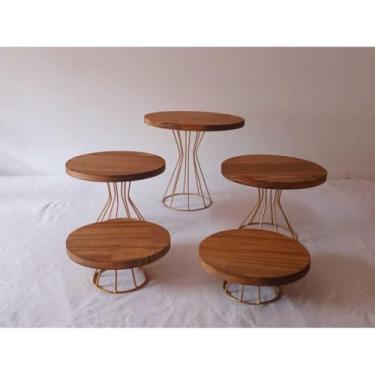 Imagem de Kit Boleira Festa Rústica com Tampo em Madeira Pinus – Kit Decoração Mesa com 5 Boleiras para Festa Aniversário e Casamento(dourado)