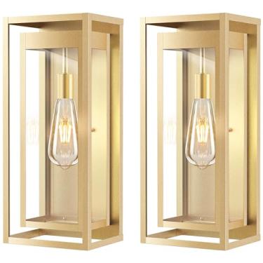 Imagem de Slypadan Luminária externa dourada de 48 cm, pacote com 2 lâmpadas de arandela de tamanho grande com sombra de vidro transparente, luminária externa de varanda à prova d'água para porta da frente
