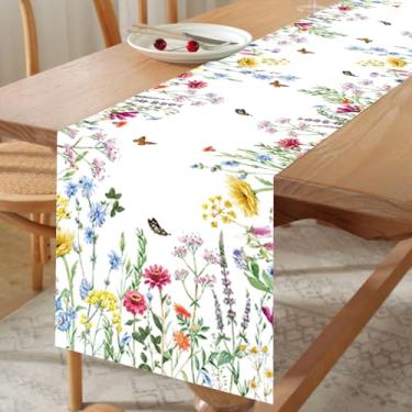 Imagem de Caminho de mesa floral com flores silvestres e ervas, caminho de mesa lavável com padrão floral e borboleta, decoração de jantar de cozinha sazonal para o dia das mães, casamento, decoração de festa