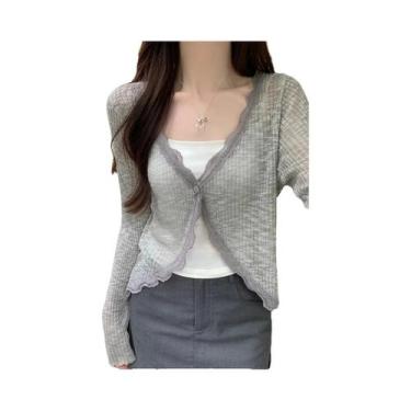 Imagem de Cardigã Feminino De Tricô Canelado Com Renda E Um Botão, Manga Longa, 