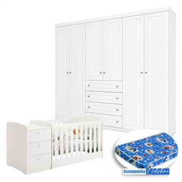 Imagem de Berço Multifuncional Atlanta E Guarda Roupa 6 Portas Mississipi Branco Fosco Henn Com Colchão Ortobom - Reller