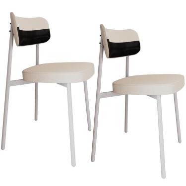 Imagem de Kit 02 Cadeiras Estofada Para Sala De Jantar Astrid Branco C01 Linho Palha Courino Preto - Lyam Decor