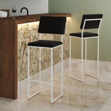 Imagem de Banqueta Alta com Encosto Nina Industrial para Cozinha Bar Bancada Assento Moderno - Branco/preto