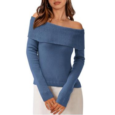 Imagem de Suéter PRETTYGARDEN Ombro a Ombro Tricô Canelado Azul G