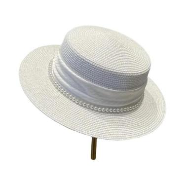 Imagem de Chapéu Panamá De Palha Elegante Com Corrente De Pérolas Para Mulheres,