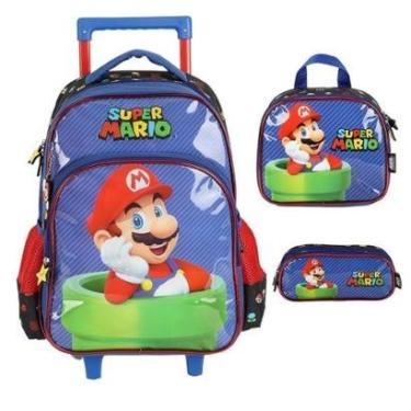Imagem de Kit Mochila Sem Alça Lancheira Estojo Luxcel Super MárioAzul-Masculino