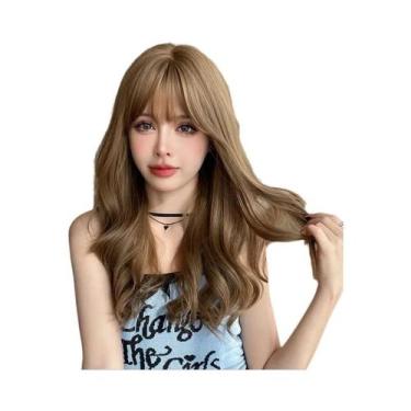 Imagem de Peruca Feminina Longa Ondulada Marrom Com Franja Volumosa, Resistente 