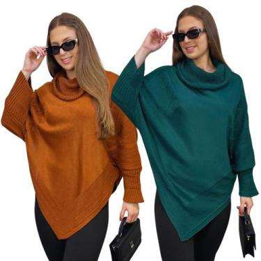 Imagem de Kit 2 Ponchos Bico Feminino Capa Tricô Mousse Liso Gola Alta Inverno C
