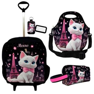 Imagem de Kit Mochila r Infantil Rodinhas Lancheira Estojo Isoprene Gatinha Pari