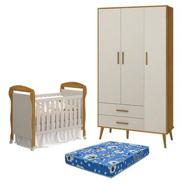Imagem de Berço Americano Danny Com Colchão Ortobom E Guarda Roupa 3 Portas Isis Areia Savana Acetinado - Reller