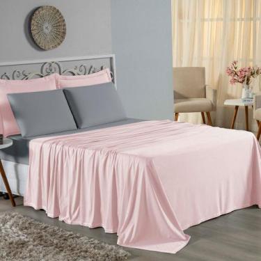 Imagem de Jogo de Cama Casal Viúva Nobre 4 Peças Malha 100% Algodão - Rosa / Cin