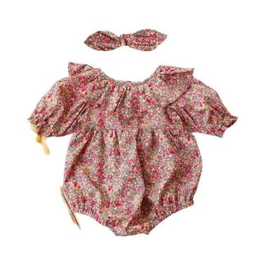 Imagem de Macacão Floral De Algodão Para Bebê Menina Com Faixa De Cabelo 2 Peças