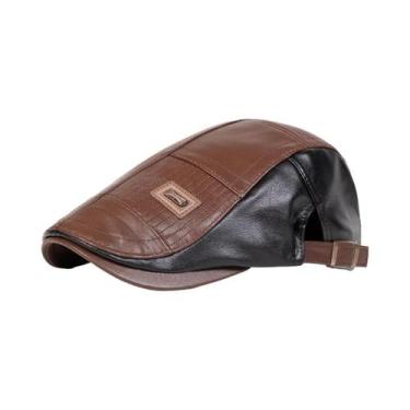 Imagem de Boné Masculino Retrô De Couro PU Ajustável Estilo Newsboy Chapéu Plano