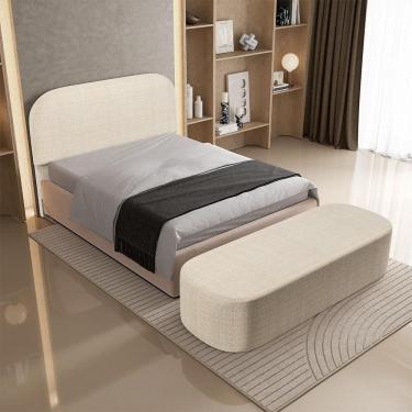 Imagem de Cabeceira Casal Lanna Doha W01 para Cama Box 140cm Estofada Madeira Maciça Linho Palha Lyam Decor