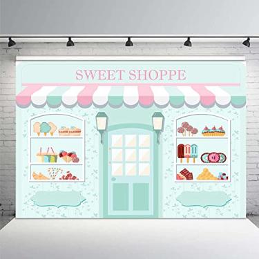Imagem de MEHOFOND Pano de fundo Sweet Shoppe de 2,18 m x 1,52 m de salão de sobremesa para meninas, aniversário, fotografia, festa infantil, chá de bebê, rosquinha, sorvete, decoração de mesa de bolo, sessão de fotos