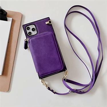 Imagem de Carteira de luxo com zíper estojo quadrado para iphone 13 11 12 pro max x xs xr mini 6 7 8 plus se2020 alça de couro titular capa de cartão, roxo, para iphone 7plus ou 8plus