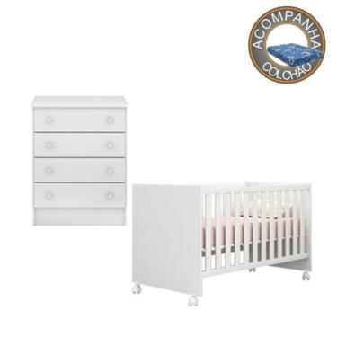 Imagem de Kit Berço 1344 Com Rodízios Com Colchão Baby Physical e Cômoda 777 Linha Doce Sonho Qmovi Ortobom