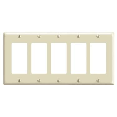 Imagem de Leviton 80423-I 5-Gang Decora/GFCI Device Decor Wallplate, tamanho padrão, Thermoset, suporte para dispositivo, marfim