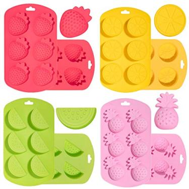 Imagem de Whaline Pacote com 4 moldes de silicone em forma de frutas, abacaxi, laranja, melancia, morango, chocolate, doces, molde de cozimento 3D de frutas de verão, molde de gelo para decoração de fondant de geleia e fondant para decoração de bolo de goma