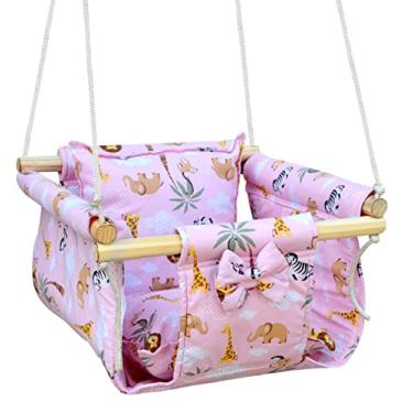 Imagem de Balanço Bebê Infantil Tecido Madeira Corda Com Almofada (Rosa-Zoo)