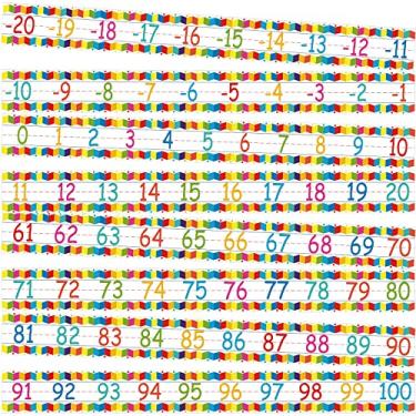 Imagem de 12 peças de quadro de avisos de linha numérica borda arco-íris número borda pôster -20 a 100 tiras de linha numérica conjunto de decorações para quadro de avisos para aulas de matemática decoração de parede para sala de aula primária pré-escolar