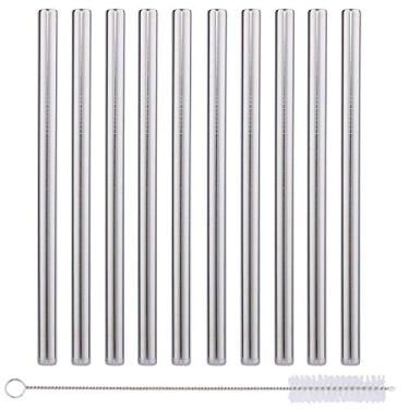 Imagem de Pacote com 10 canudos Boba em aço inoxidável – canudos de metal reutilizáveis melhores para beber bolhas/chá Boba, smoothies, shakes – extra largo 1,27 cm e 21,59 cm de comprimento – vem com bolsa de armazenamento de algodão e varão de limpeza
