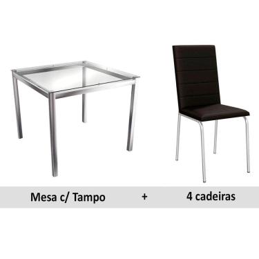 Imagem de Conjunto: Mesa Sala Jantar Reno c/ Tampo Vidro 90cm + 4 Cadeiras Amsterdã Cromado/Courano Preto - Kappesberg