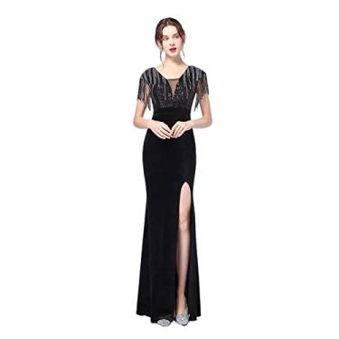 Imagem de Vestido de noite feminino plus size sereia vestidos de noiva de veludo longo colado ao corpo com fenda lateral formal, preto, GG (44)