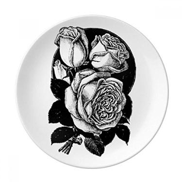 Imagem de Sketch Placa de padrão de plantas de rosas de porcelana decorativa Salver talheres Prato de jantar