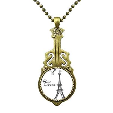 Imagem de DIYthinker Colar com silhueta da Torre Eiffel Paris com desenho de linha e pingente de música de guitarra antiga
