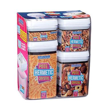 Imagem de kit com 4 potes Hermetic Crystal Incolor quadrados com capacidades 400 ml, 1,1 lt, 1,7 lt 2,3 lt com tampa branca.